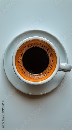 Rich Black Coffee Served in a White Cup Placed on a Smooth Surface in Natural...