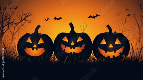 Spooky Halloween Pumpkins With Glowing Faces at Sunset Among Bats and Trees