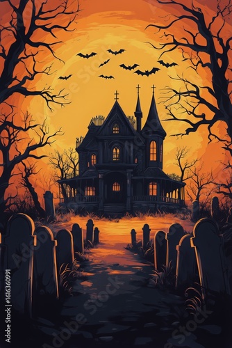 Haunting Victorian House Under a Full Moon With Flying Bats and Graveyard at ...