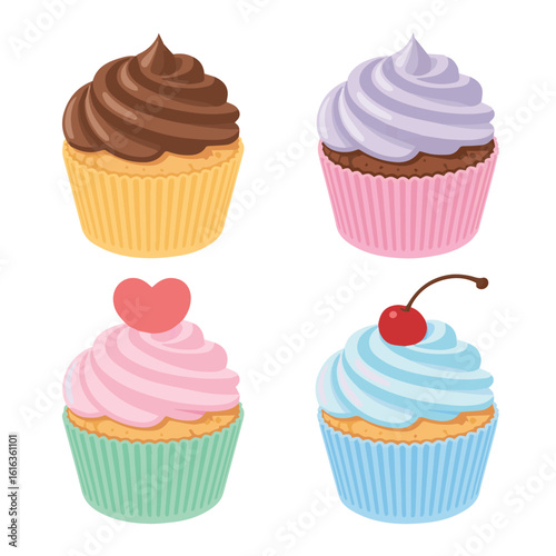 Illustration of four cupcakes with different toppings and colored liners arranged on a white background