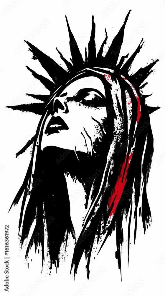 Fototapeta premium Pale-faced gothic beauty dressed in black, with intense gaze and eerie silence, evoking horror elegance and dark fascination.