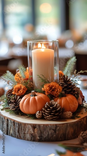 Beautiful Autumn Centerpiece With Pumpkins, Pinecones, and a Candle for Seaso...