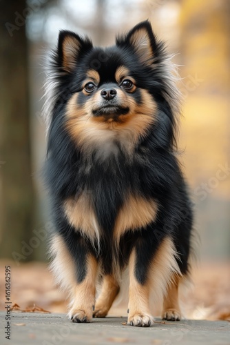 Charming Fluffy Black and Tan Dog Standing on a Path in a Forest During Autumn