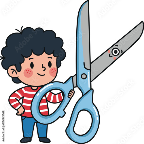 Cute cartoon boy holding giant scissors, fun child illustration, educational design, oversized tools concept, colorful vector, playful school element