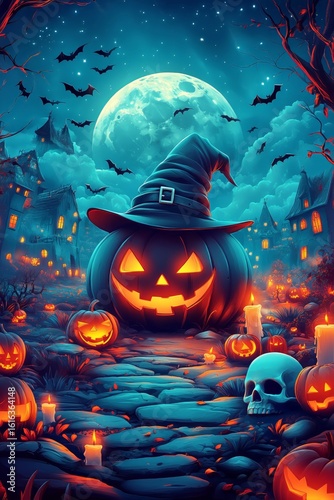 Halloween Night Features a Giant Pumpkin With a Hat and Glowing Candles in a ...