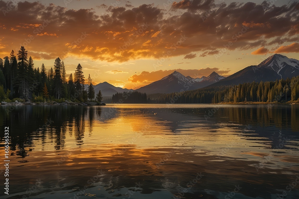 Fototapeta premium “Majestic Sunset Over Serene Mountain Lake – Nature Landscape Reflection”