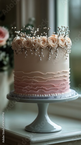 Elegant Pink Cake With Floral Decoration Displayed on a Stand in a Cozy Indoo...