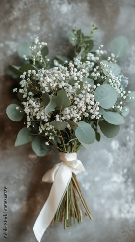Beautiful Bouquet of Babys Breath and Eucalyptus Hanging Against a Textured B...