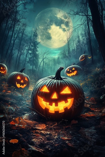 Spooky Carved Pumpkins Glowing in a Misty Forest During Halloween Night.