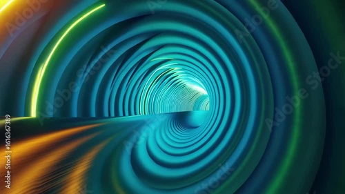 Moving through an abstract tunnel with swirling patterns of bright colors and illuminated lines. A digital data portal in a futuristic space.