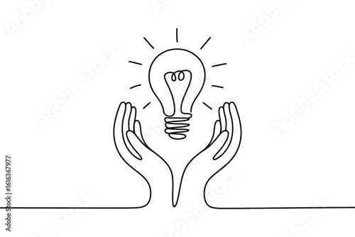 Single line drawing of hands holding a glowing light bulb representing an idea or innovation concept