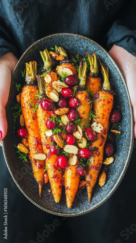 Roasted Carrots Topped With Cranberries and Almonds Served in a Rustic Bowl