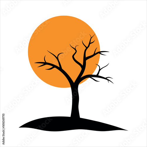 Lone Tree on Dry Plain Under Harsh Light of Afternoon Sun silhouette Art Vector illustration
