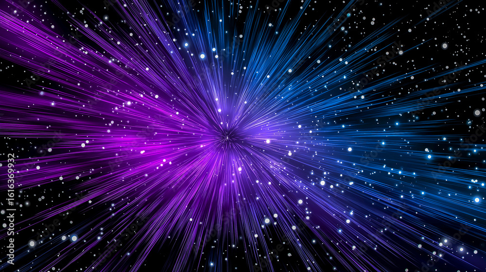 Fototapeta premium Vibrant light trails in shades of purple and blue create a dynamic abstract illustration, evoking a sense of movement and energy in a cosmic atmosphere