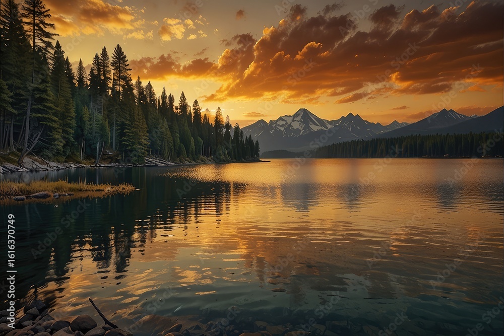 Fototapeta premium “Majestic Sunset Over Serene Mountain Lake – Nature Landscape Reflection”