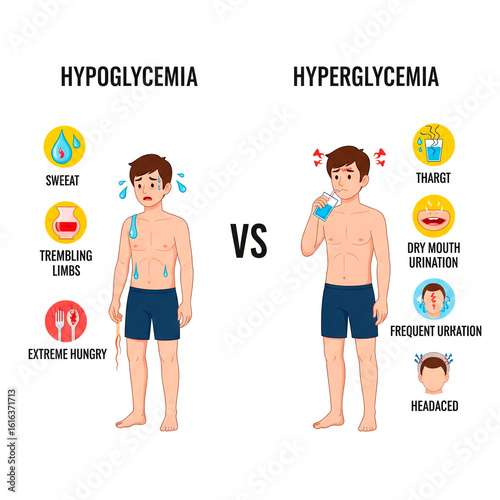 Hypoglycemia vs Hyperglycemia Symptoms Infographic - Essential Health Education Illustration