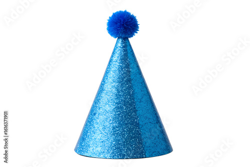 Blue Glitter Party Hat with a Pom Pom, Isolated on a Neutral Background