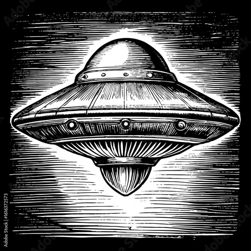 Vintage UFO Engraving, Classic Flying Saucer Illustration