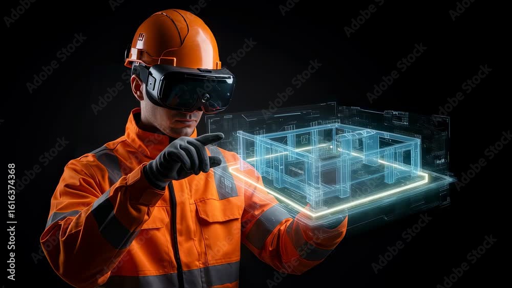 Man engineer architect wearing vr glasses seeing future building holographic projection. Construction and architecture technology in metaverse footage. Man engineer architect wearing vr glasses seeing future building holographic projection. Construction and architecture technology in metaverse footage.