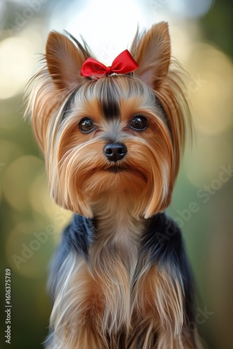 Cute Yorkshire Terrier With a Red Bow Posing Outdoors in Soft Sunlight