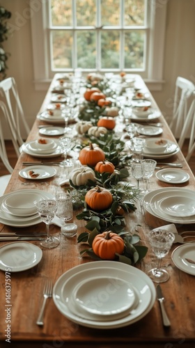 Festive Autumn Table Setting With Pumpkins and Greenery in a Cozy Dining Room