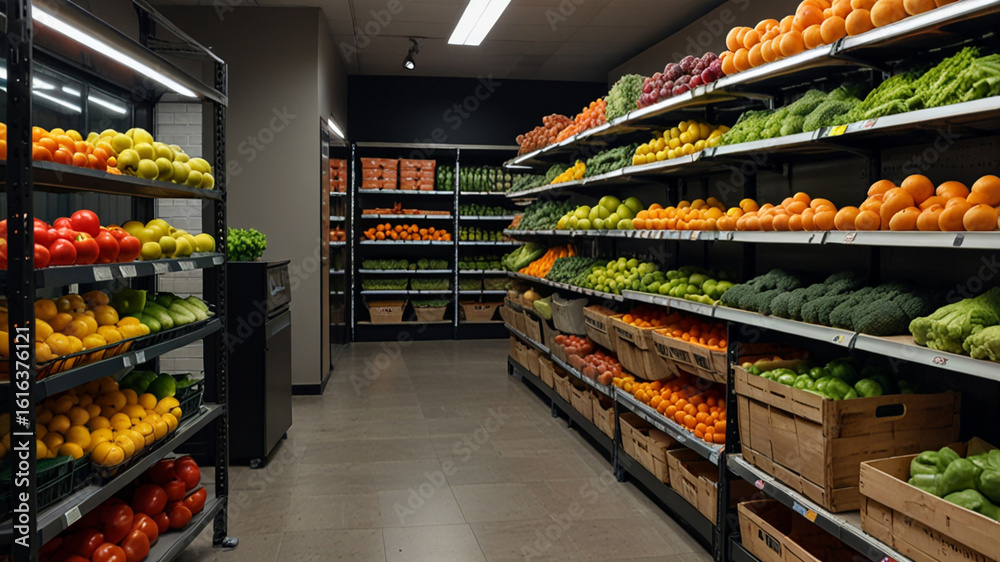 Fototapeta premium the produce section of a busy grocery store with shelves filled with an abundance of fresh, colorful vegetables and fruits
