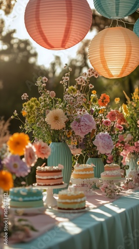 Beautiful Outdoor Party Setup With Colorful Cakes and Floral Decorations in t...