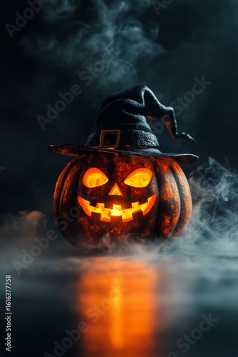 Spooky Halloween Pumpkin With Witch Hat Glowing in Misty Atmosphere