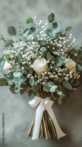 Beautiful Bouquet of Babys Breath and Eucalyptus Hanging Against a Textured B...