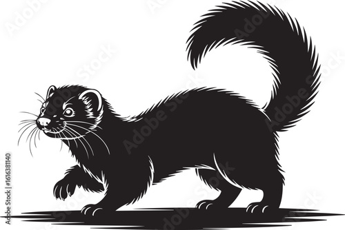 Black mink or ferret walking with bushy tail raised animal silhouette