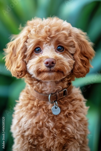 Cute Dog With Fluffy Coat Posing in Outdoor Garden During Bright Day