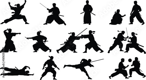 Martial arts silhouette, sword fighting stance, Japanese warrior action, karate combat pose, aikido sparring, samurai training, dojo practice, vector illustration figure