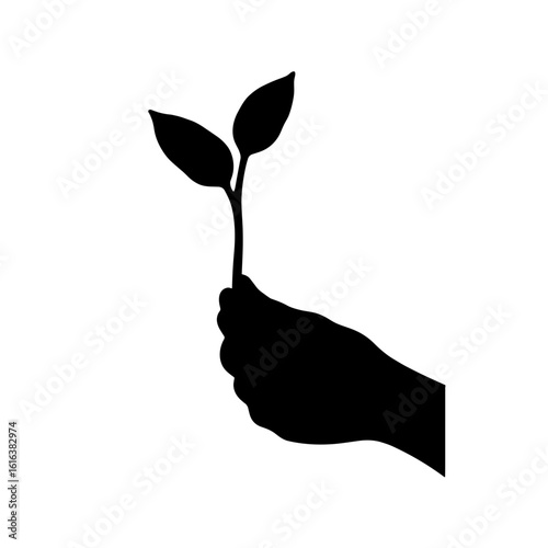 Silhouette . Hand holding a small green sprout representing concept of Environmental protection  