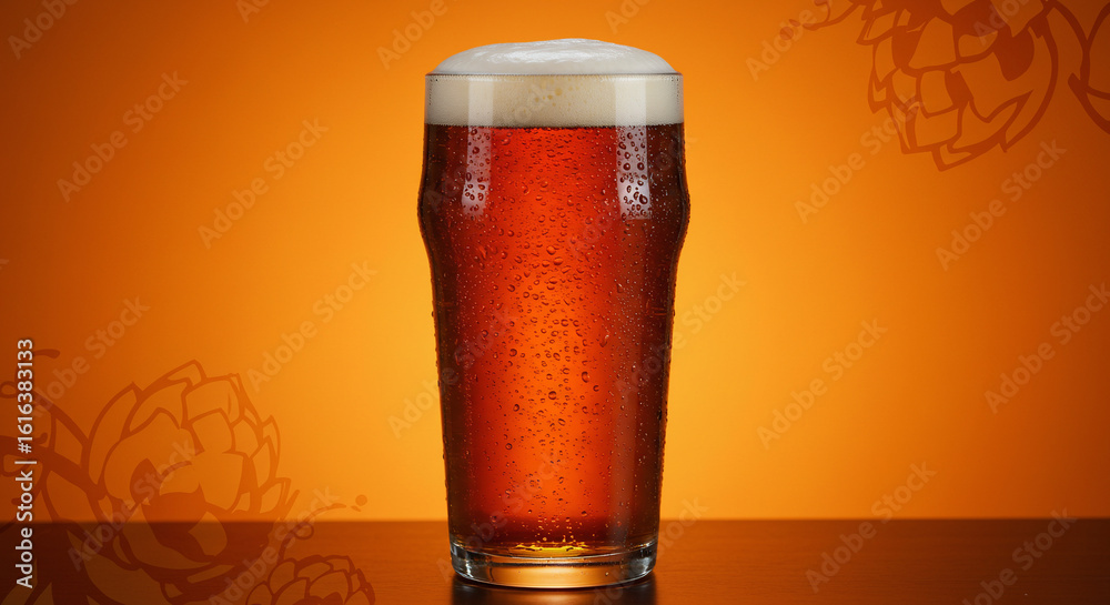 Φωτογραφία Cold Amber Beer Pint Glass, Orange Background, Hop Design - High-quality stock i