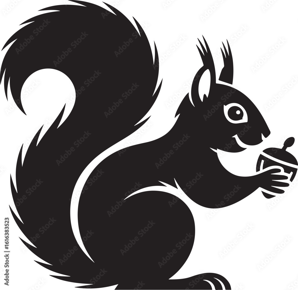 Naklejka premium Black silhouette of a squirrel holding an acorn animal