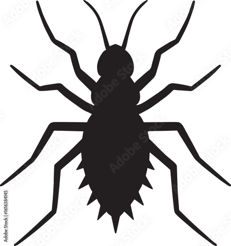 Black silhouette of an insect with six legs and antennae white