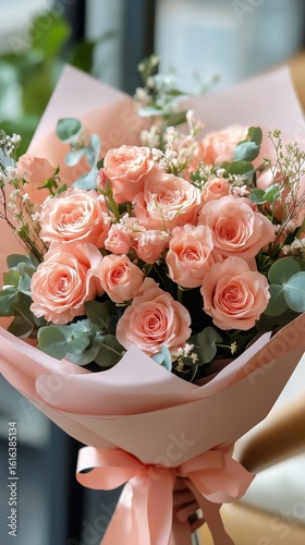 Beautiful Bouquet of Pink Roses and Greenery in a Modern Setting on a Sunny Day
