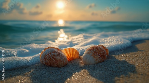 Beautiful Sunset Over the Ocean With Seashells on Sandy Beach.