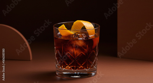 Elegant Old Fashioned Cocktail: Dark Brown Drink with Orange Peel in Crystal Glass