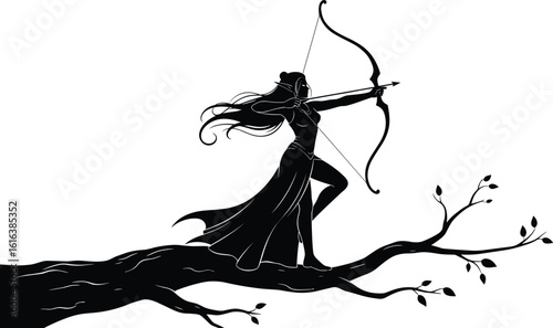 Silhouette of fantasy female archer on tree branch aiming bow and arrow, warrior elf woman in forest, hunter shooting pose vector illustration