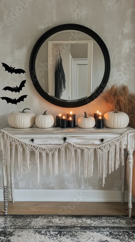 Festive Autumn Decor With Pumpkins and Bats Near a Mirror in a Cozy Living Room.