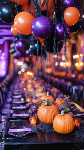 Festive Halloween Decorations Adorn a Long Banquet Table With Pumpkins and Ba...