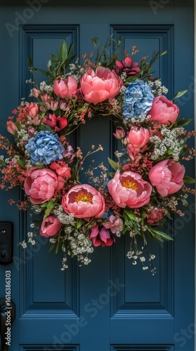 Beautiful Floral Wreath Decorates a Blue Door With Vibrant Flowers in Springt...
