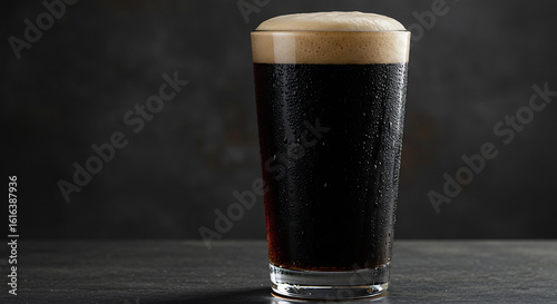 Refreshing Dark Beer: Close-up of a Cold Stout in a Glass with Condensation and Creamy Foam on a Dark Background