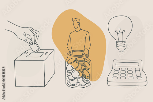 Hand deposits card into box man holds coin jar lightbulb calculator