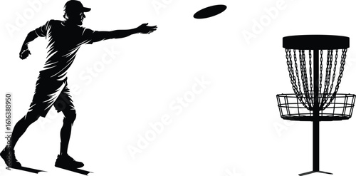 Disc golf silhouette, frisbee thrower, disc basket, sports figure, outdoor activity, precision shot, athlete posture, chain target, flying disc motion, park game