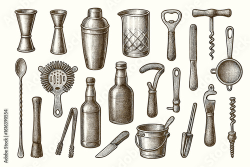 Vintage bartending tools and accessories illustration in classic style