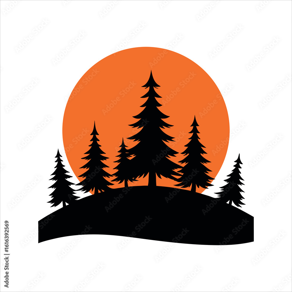 Fototapeta premium Evening Sun Behind Pine Trees on Hilltop Ridge Scene silhouette Art Vector illustration