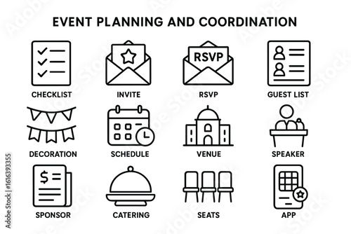 Event planning coordination icons: checklist, invitation, rsvp, venue, catering
