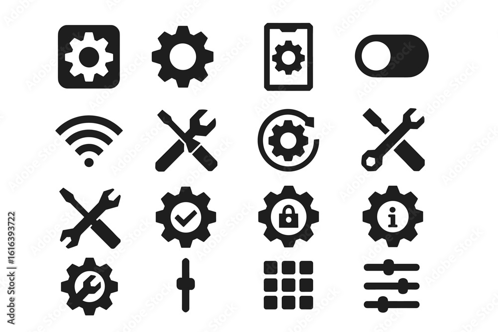 Obraz premium Set of black gear icon illustrations representing settings and configuration concepts